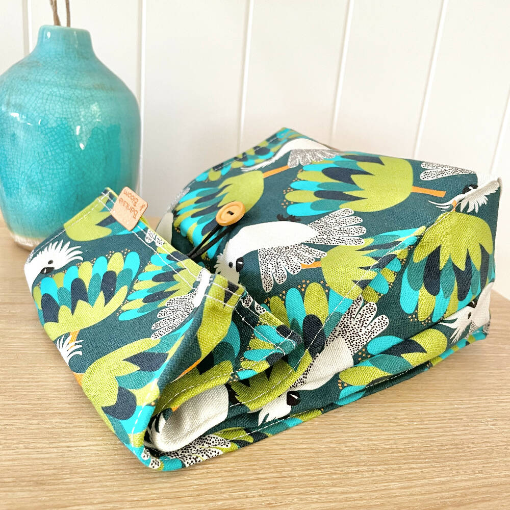 Lunch Bag Cotton Canvas~ Reusable, Fold Over~ Cockatoos