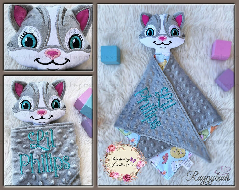Baby comforter, Embroidered name, Cat themed Ruggybud, Made to order