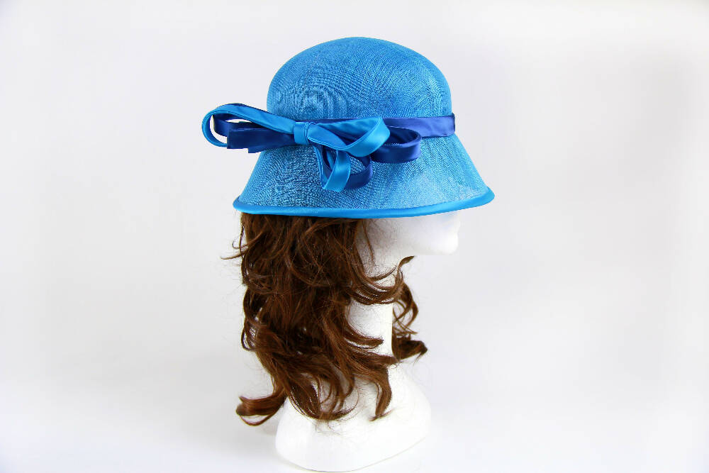 ZIANA Turquoise Cloche with satin cobalt blue and turquoise trim