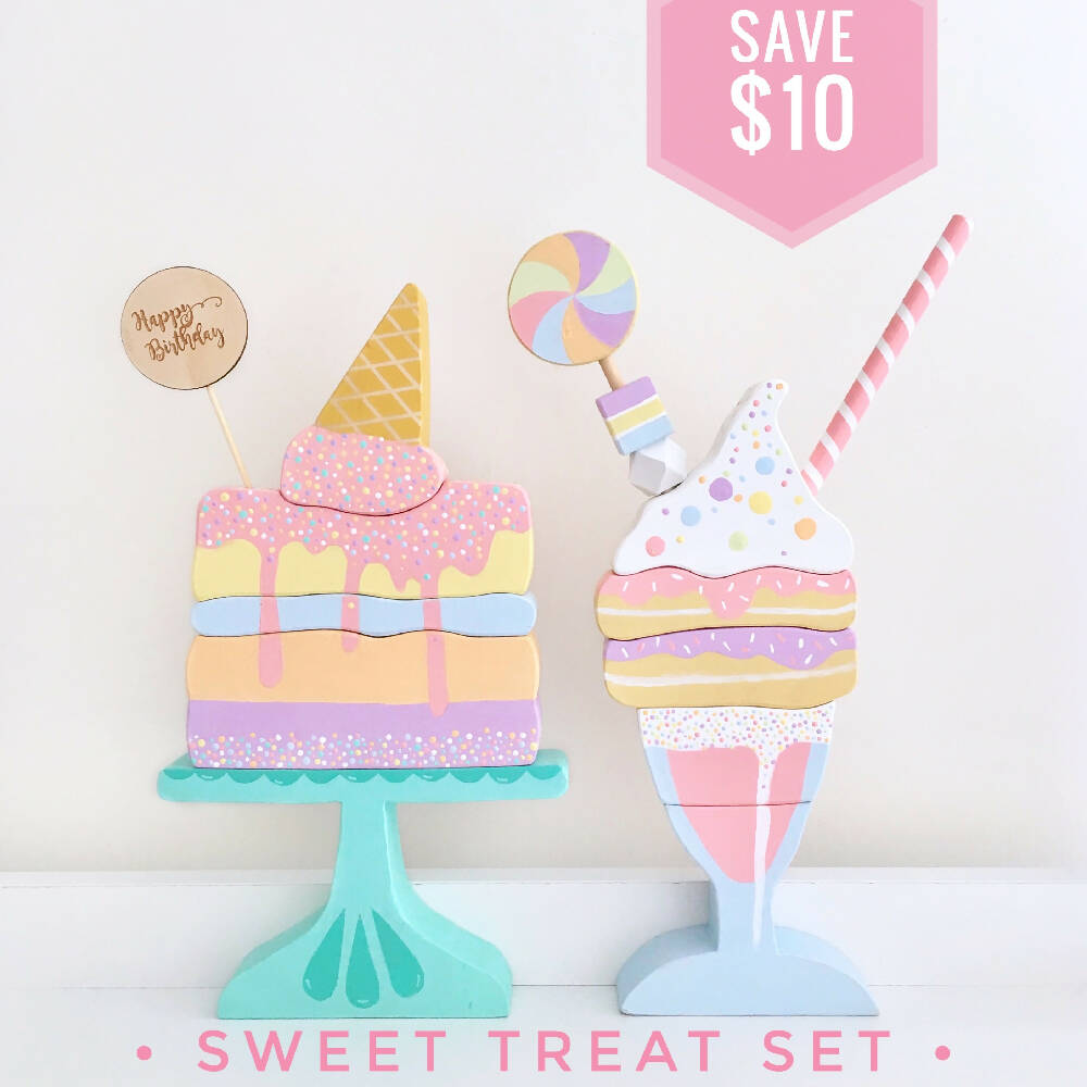 Hand painted Wooden Sweet Treat Set. (Cake + Milkshake)