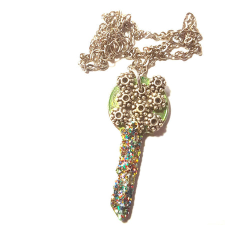 Pendant necklace, recycyed key with glitter and silver chain.
