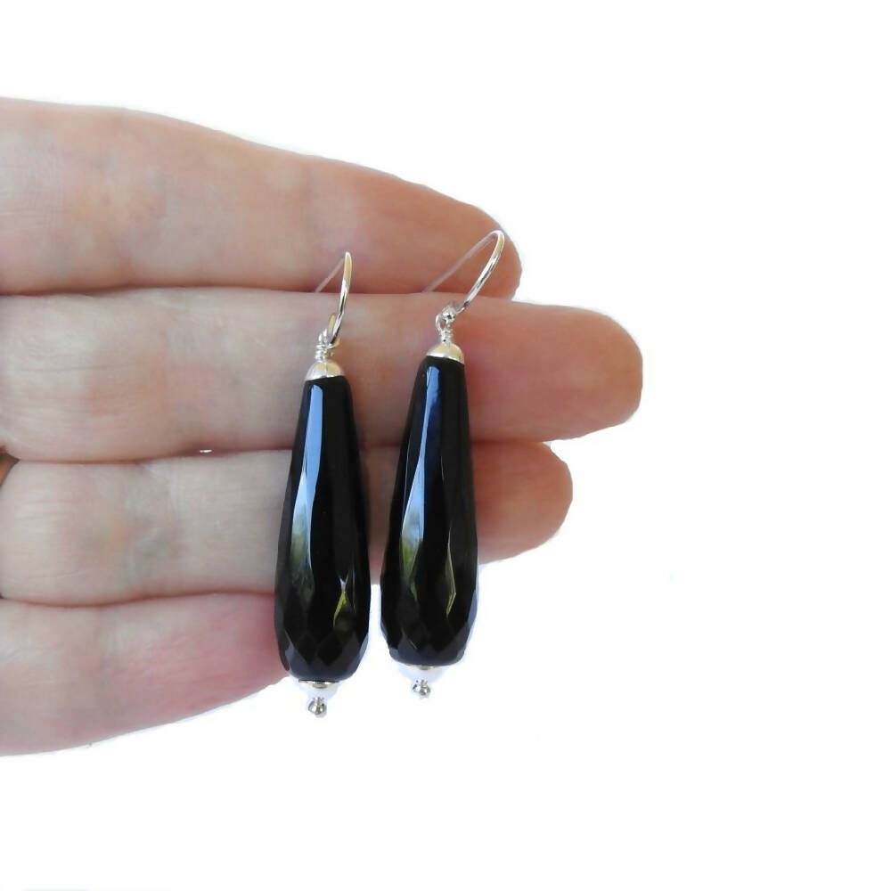 Sterling Silver and Black Onyx Teardrop Earrings