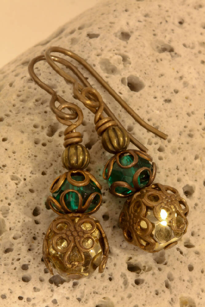 Teal and Gold Czech Glass & Jasper Filigree Drop Earrings - In Brass