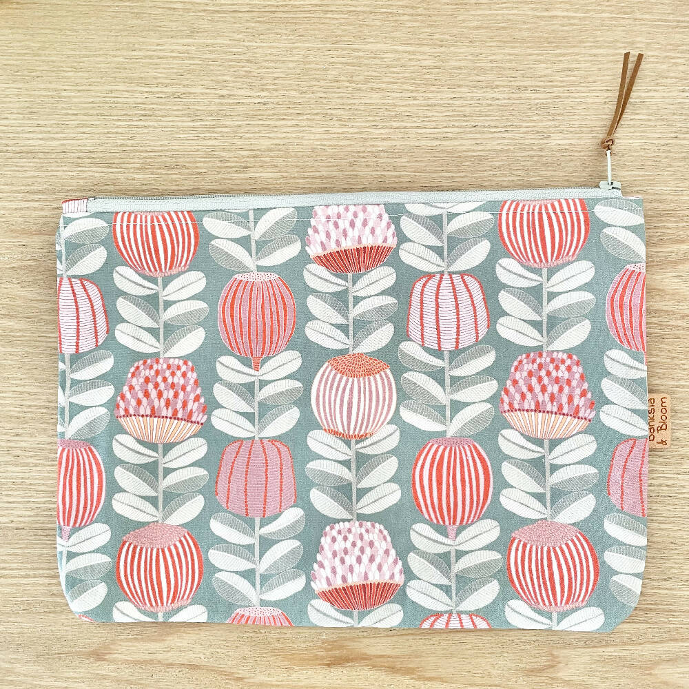 Large Zipper Pouch~ Proteas Grey and Pink