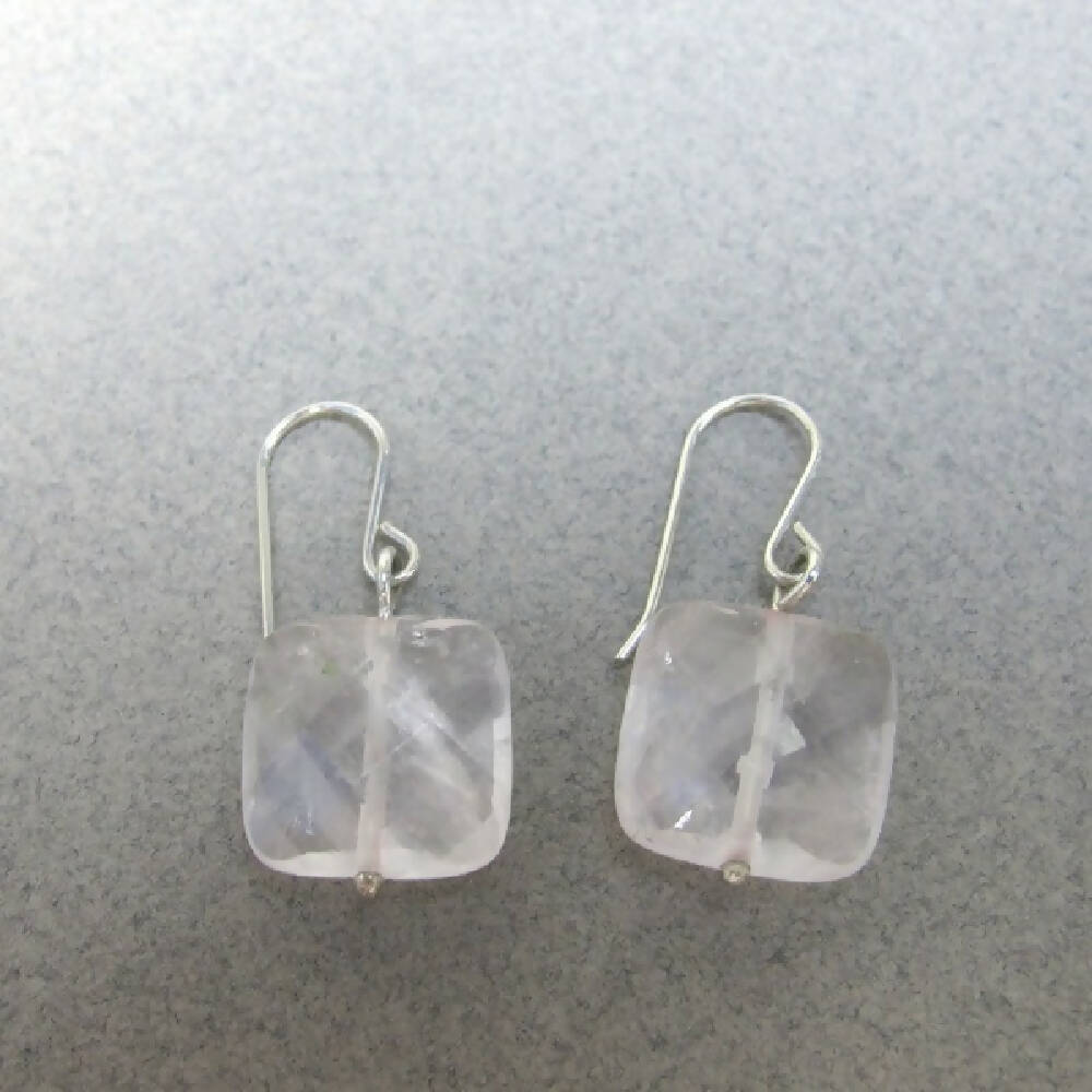 Rose quartz square cushion sterling silver earrings 2