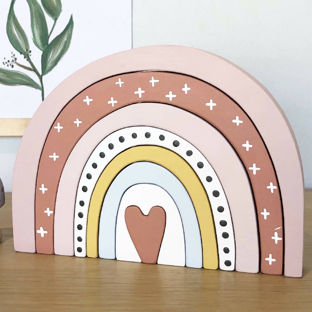 Large hand painted wooden rainbow with heart centre. (pink)