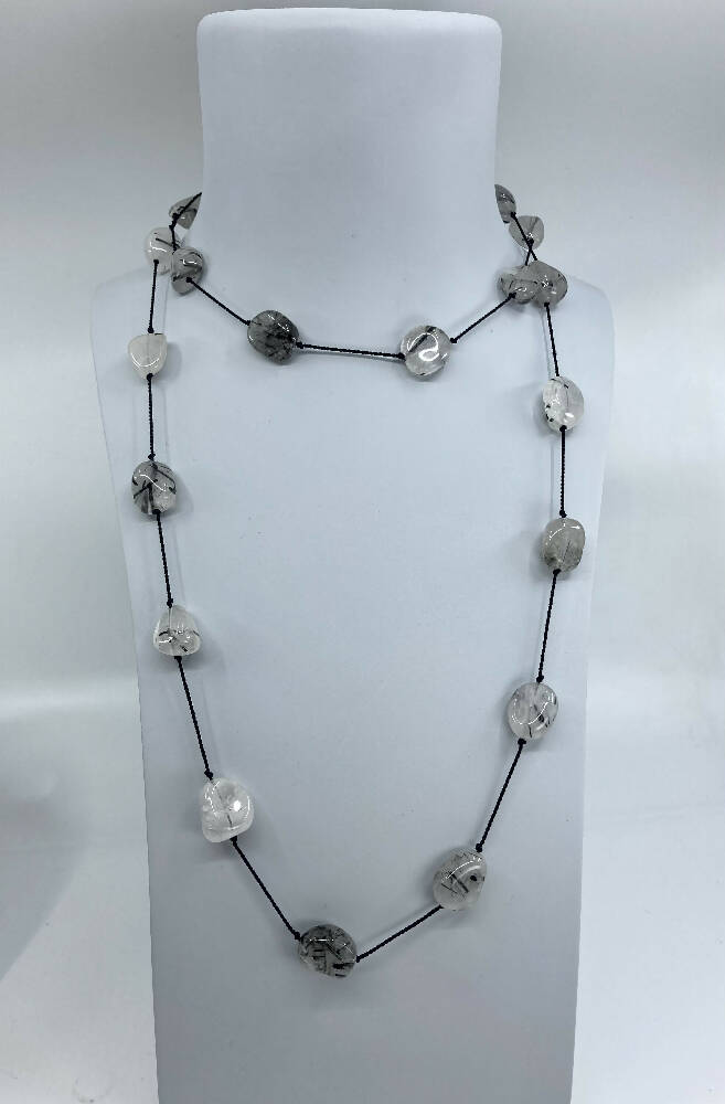 Tourmalinated quartz and sterling silver long necklace 3