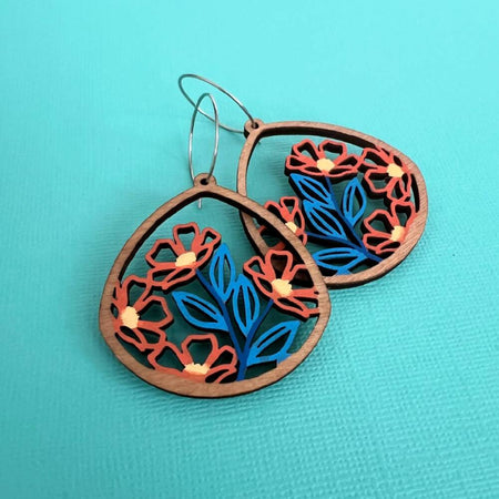 Orange Flower Earrings, Pretty Handpainted Wooden Flowers