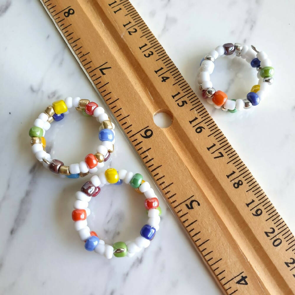 Statement colourful seed bead 2 line memory wire ring , White & Lustered Opaque