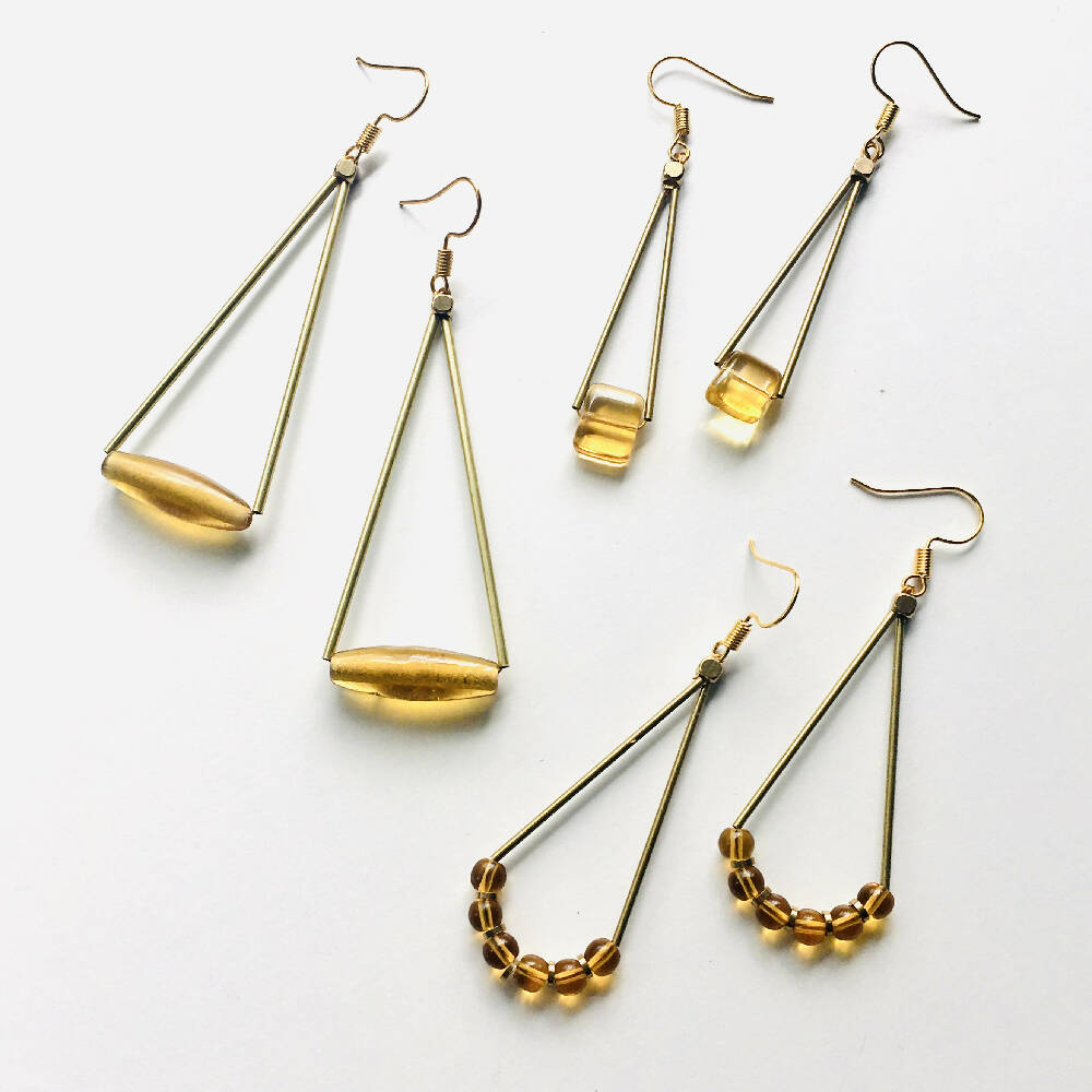 Amber triangle gold dangly earrings