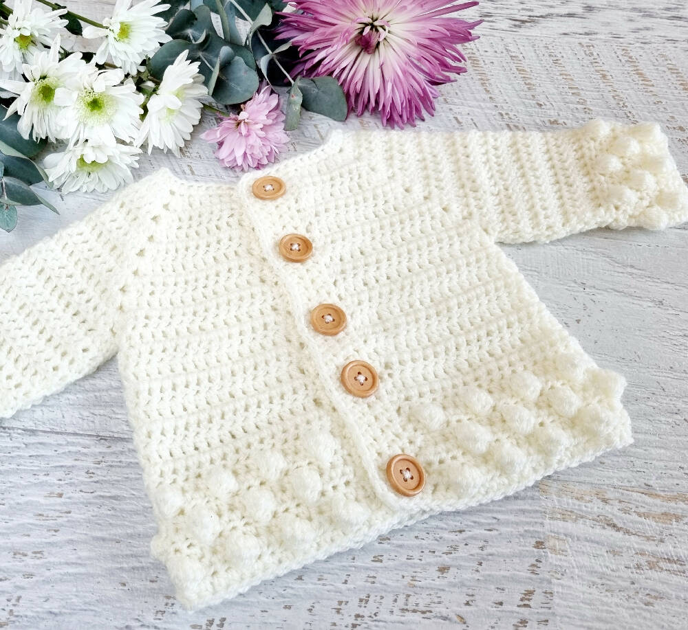Baby Cardigan | Cream/Off White | Crochet | Bobble | Coatigan | Jacket
