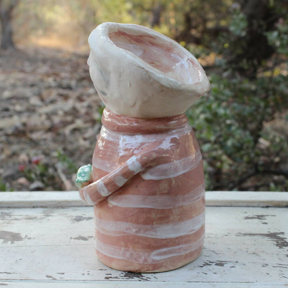 pink and white clay candlestick bird pottery