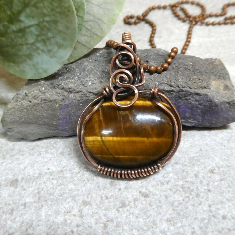 Golden Tiger Eye pendant, copper wire wrapped