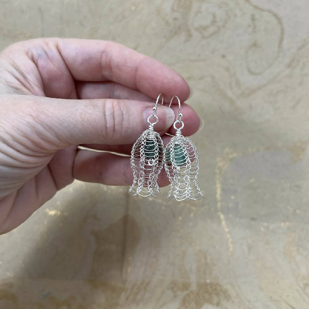 Silver knitted wire and gemstone earrings