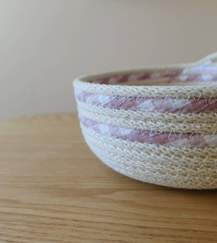 Dusky Pink Gingham Fabric wrapped key bowl rope basket