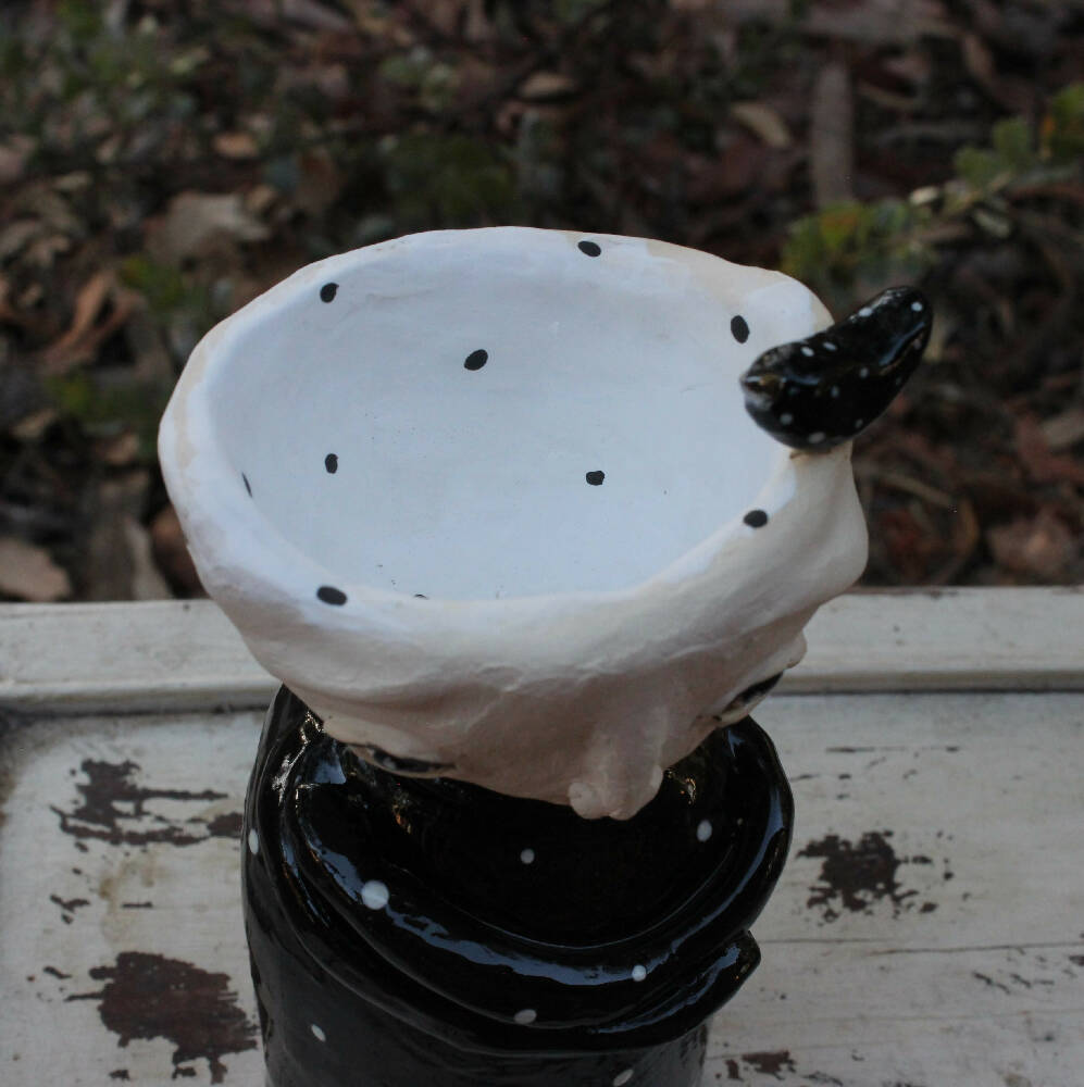 clay candlestick black white dots bird pottery