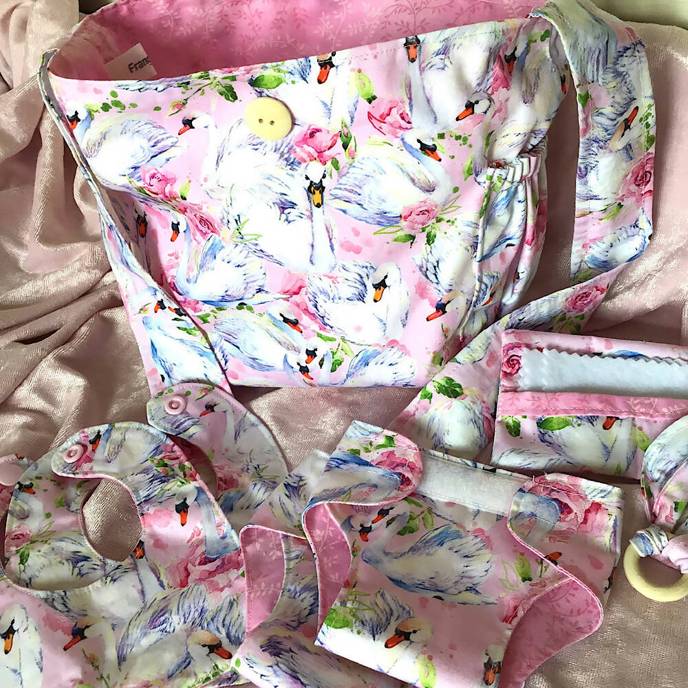 Nappy Bag and accessories for Baby Doll - Pink Swans #1