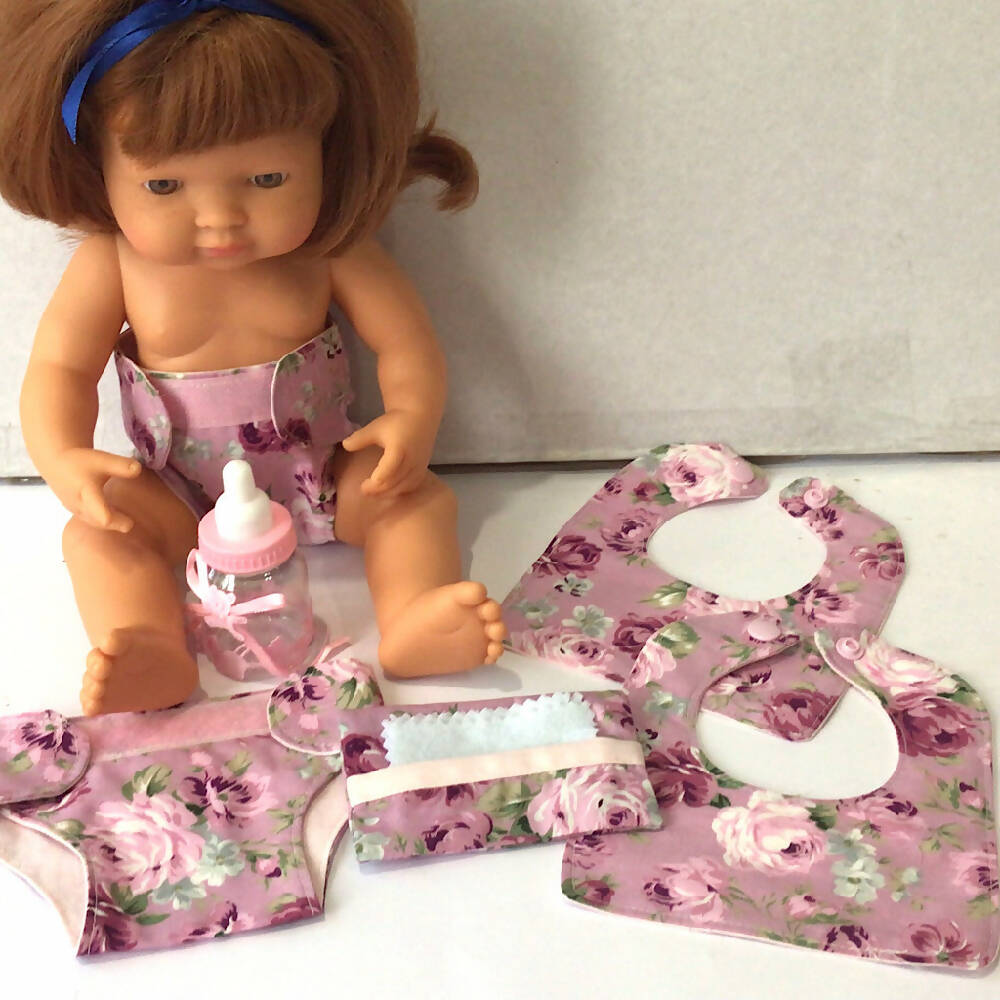 Nappy Bag and accessories for Baby Doll #3 dusty mauve floral