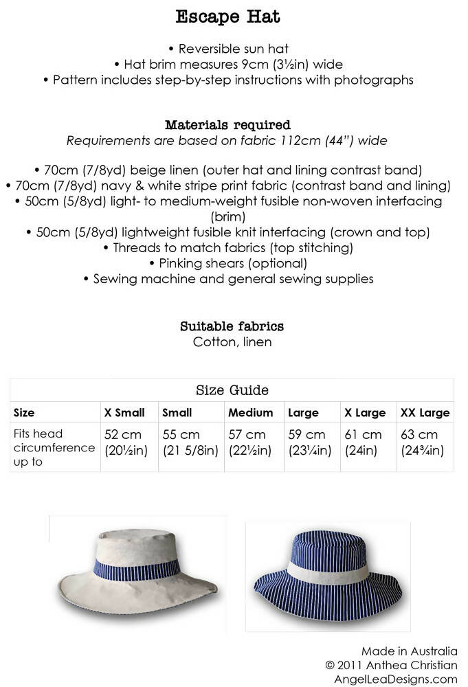 Escape Sun Hat HARD COPY Paper Sewing Pattern Mens Boys