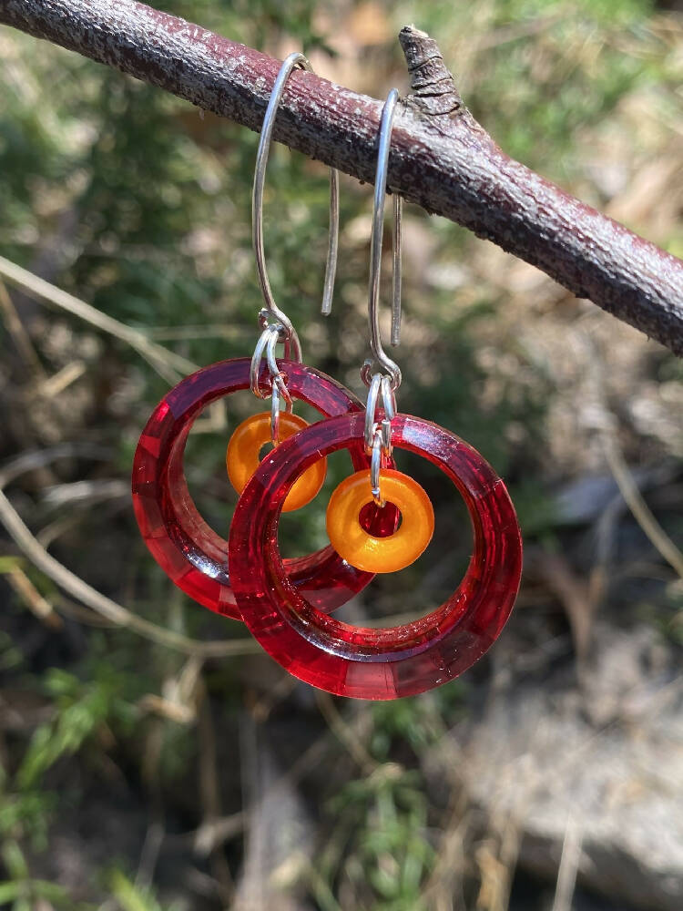 Lucite Red Hoop Earrings Sterling Silver