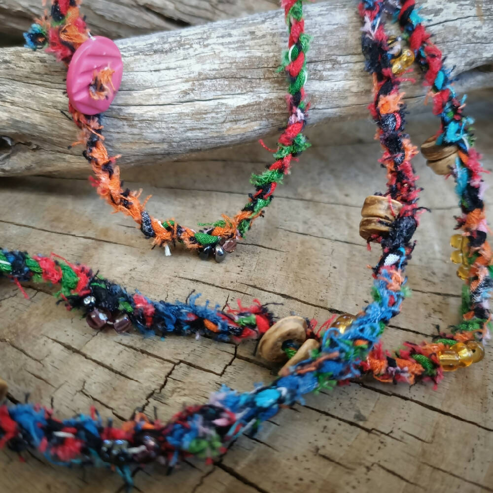 Boho Wrap Necklace - upcycled fabrics - dark multi-colour