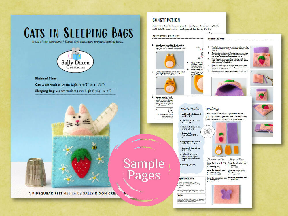 DIGITAL - Felt Sewing Pattern - Cats in Sleeping Bags - PDF Download