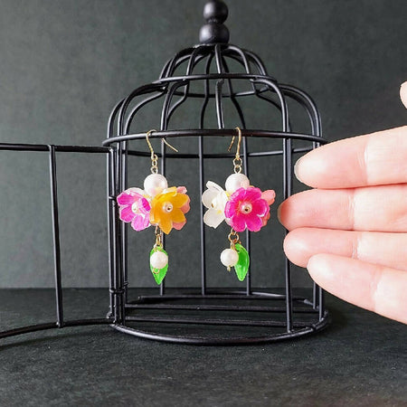 Spring Flower Bouquet Earrings (Pink Yellow White) - cute dangle earrings