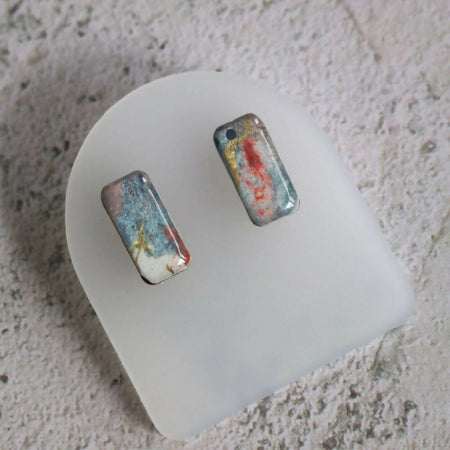 Sunset Sands Collection | Rectangle Stud Resin Earrings| Blue Red Shimmer