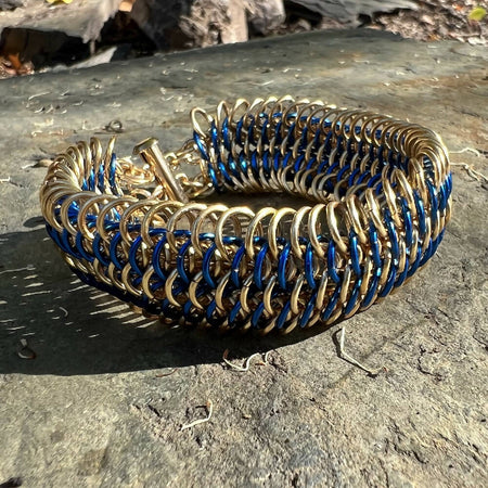 Dragonscale | Gold and blue handmade chain cuff bracelet