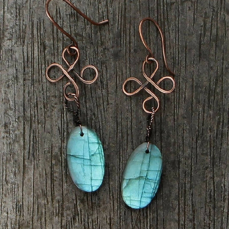 Labradorite Earrings in copper Celtic design