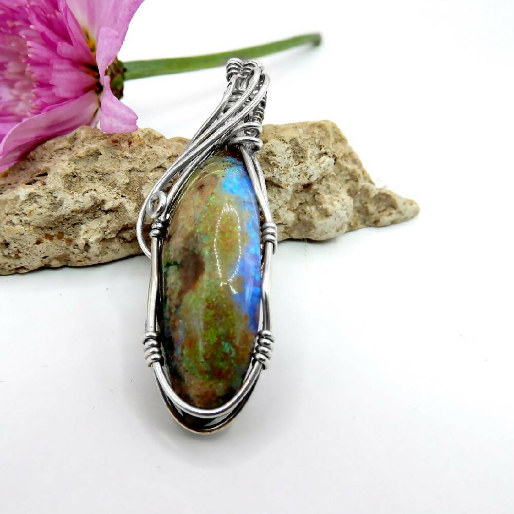 Matrix and Crystal Opal pendant, large unique opal 15.88 ct, Sterling silver