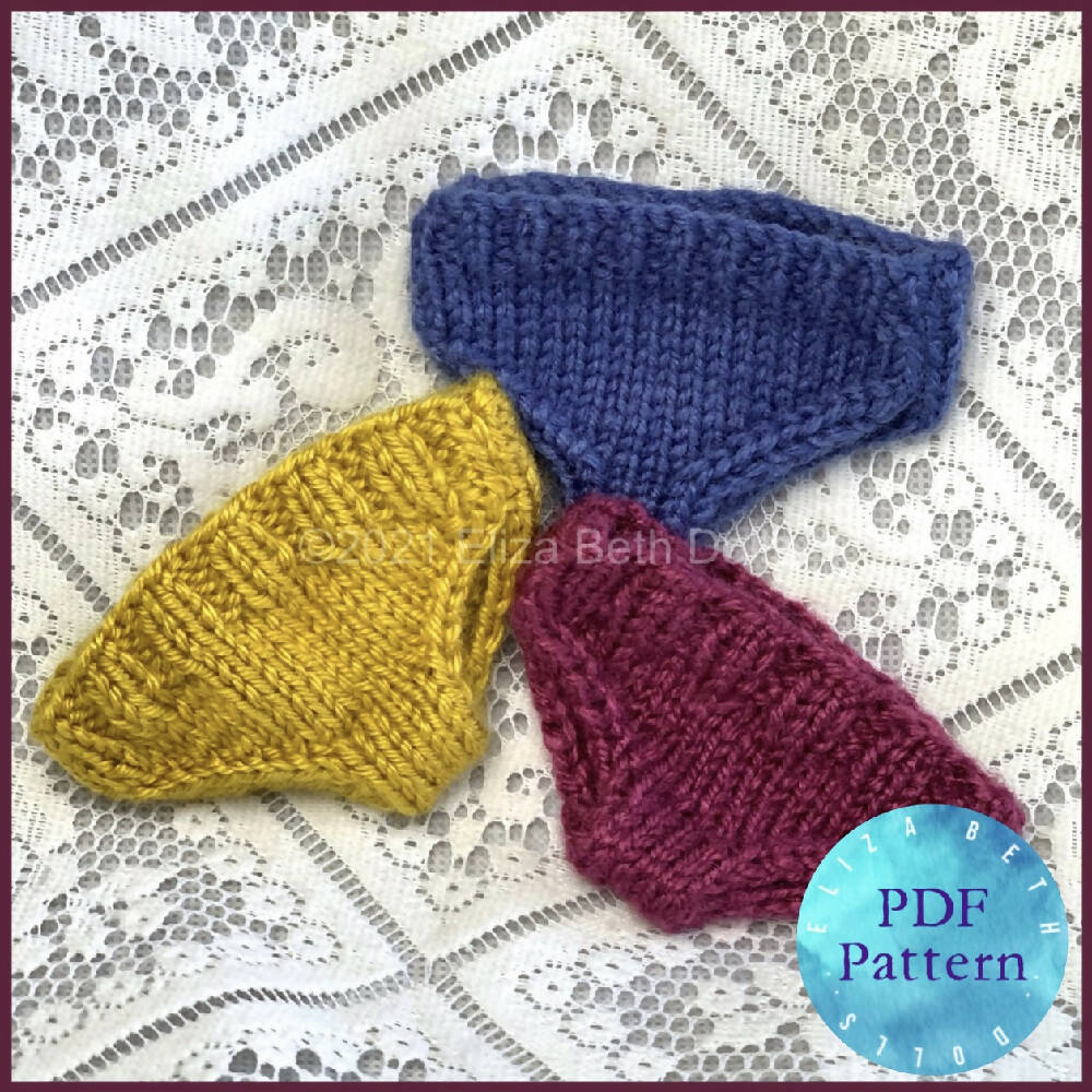 Miniland 21cm clothes, PDF digital pattern, Underpants, Knickers, Undies, Boy, Girl, Unisex, Easy quick knit, Straight needles, Flat knit, Baby doll clothes, Cute outfit, Doll accessories, Minikane, 8inch, Clear instructions, Photos, 8ply DK yarn, Beginner friendly, Basic knitting, Simple pattern, Eliza Beth Dolls, Australia, 1