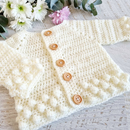 Baby Cardigan | Cream/Off White | Crochet | Bobble | Coatigan | Jacket