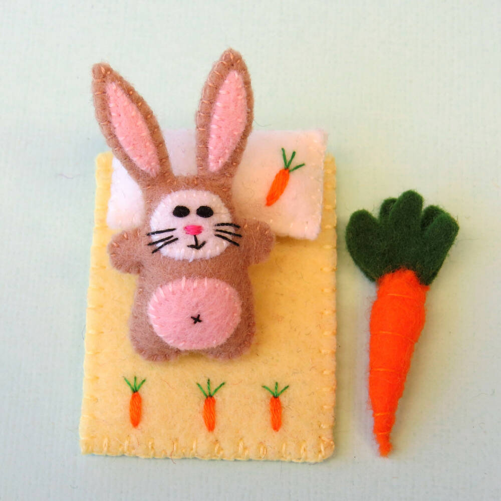Miniature Felt Rabbit - Wool Felt Bunny Play Set - Tin Bed