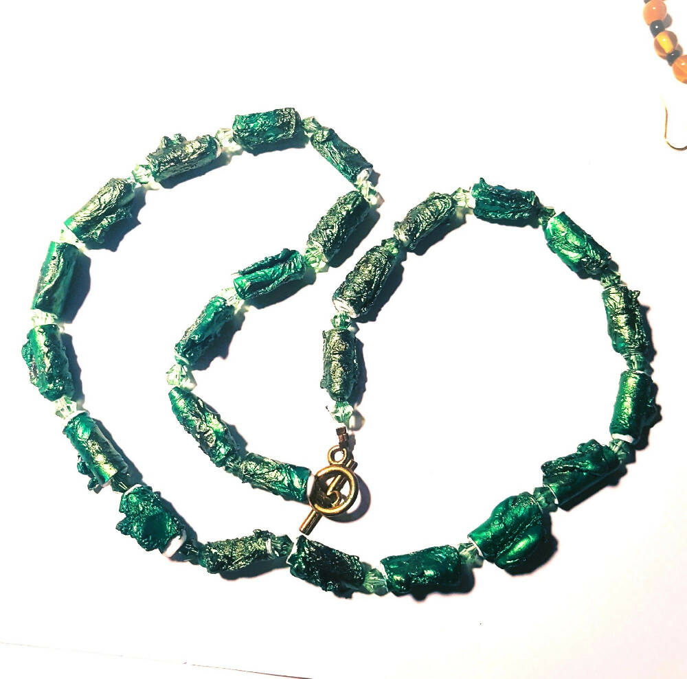 Beaded necklace. Green Tyvek beads and Swarovski crystals