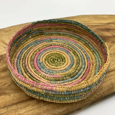 Raffia basket in blue, pink, green and natural colours