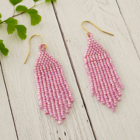 Beaded Earrings Sparkly Pink Fringe Dangle