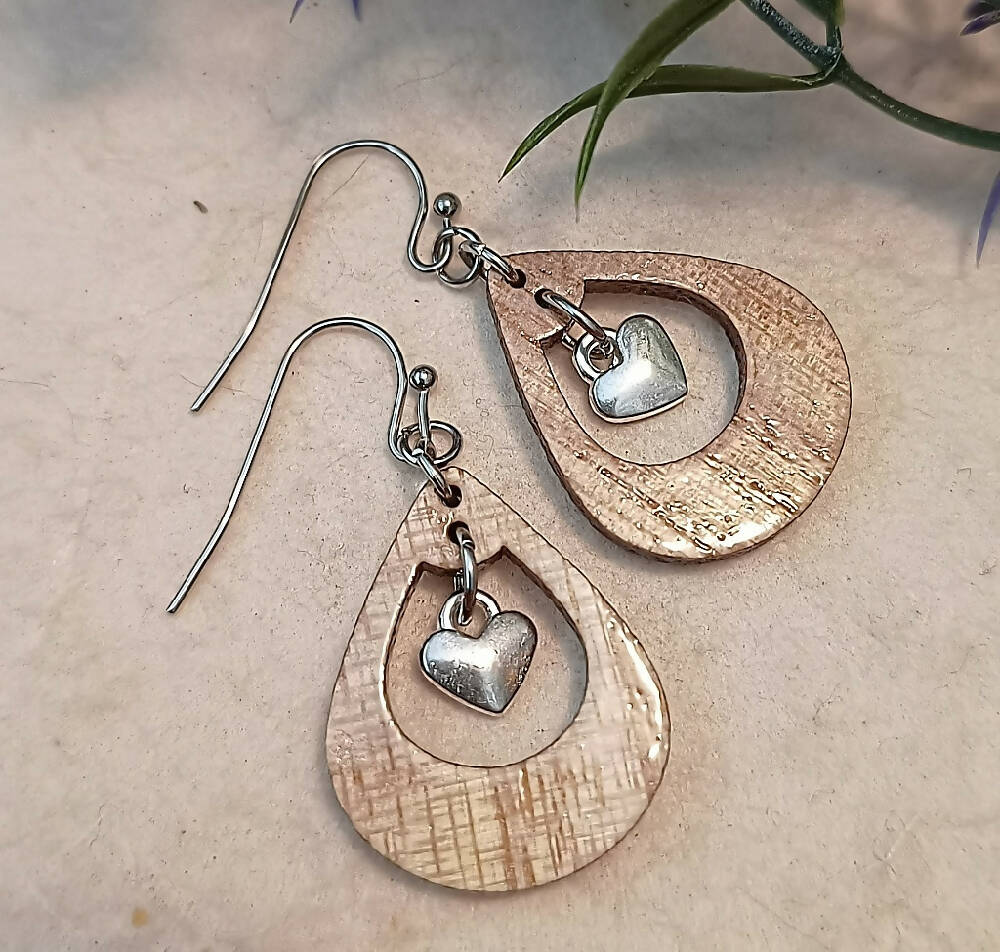 Wood & Heart Charm Teardrop Earrings