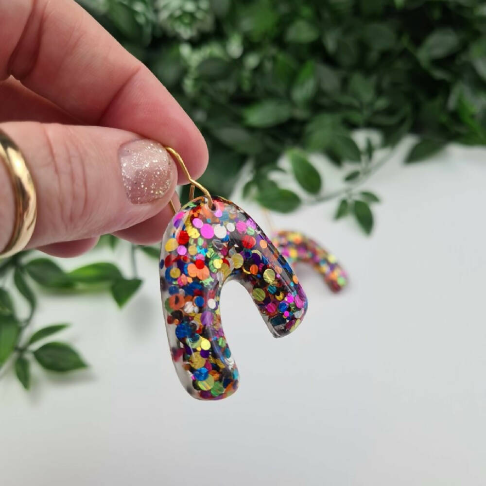 Dangle Earrings - Rainbow Pop Sparkle - Drop Resin Hook