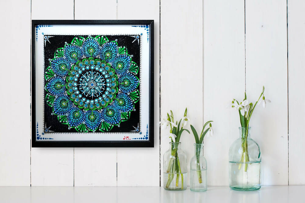 Framed Dot Art called "Blue Dahlia".