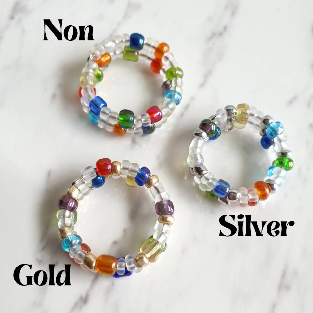 2 lined Mix Clear Luster Rainbow & Frost seed beads memory wire ring