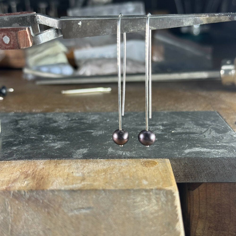 Black fresh water pearls long sterling silver earrings 6