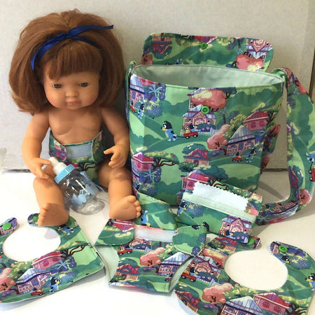 Nappy Bag and accessories for Baby Doll #3 bluey / green