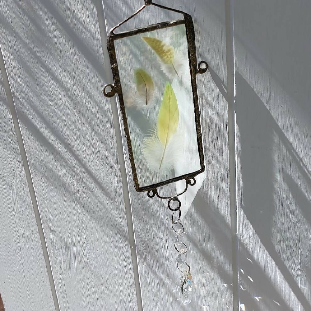 Beautiful feather suncatcher, real feathers soldered between glass with crystals