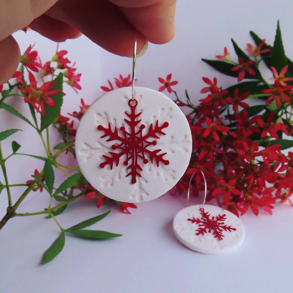 Christmas Snowflake Earrings White Glitter and Red