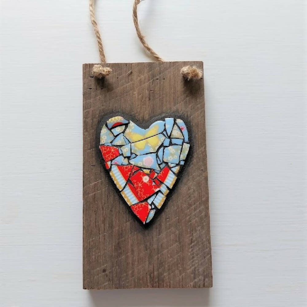 Broken china mosaic heart wall hanging, red & yellow butterfly mosaic on timber