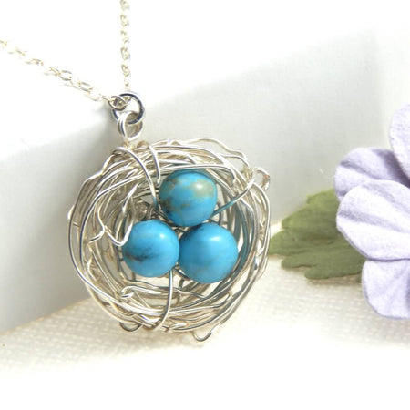 Handcrafted Silver Birds Nest Necklace with Genuine Turquoise