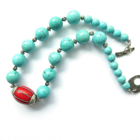 Frida chunky statement necklace turquoise, red and antique silver