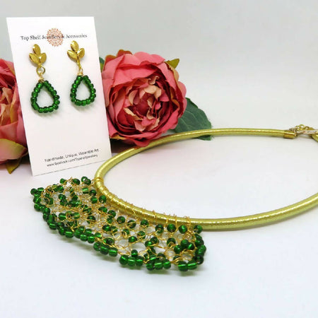 Green Gold Crochet Wire Beaded Necklace Earrings Set