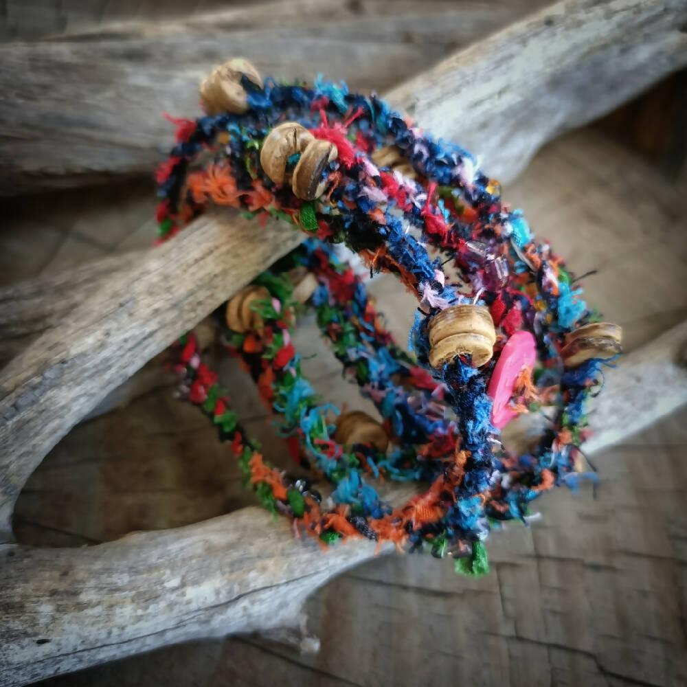 Boho Wrap Necklace - upcycled fabrics - dark multi-colour